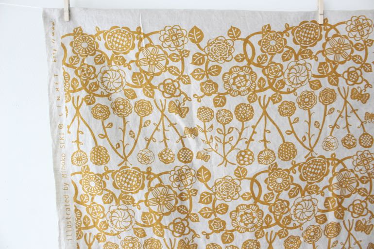 LINNETリネンプリント のばな 生成り×ビターイエロー